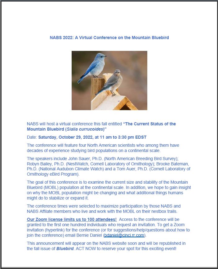 NABS 2022: Virtual Conference on the Mountain Bluebird @ Zoom